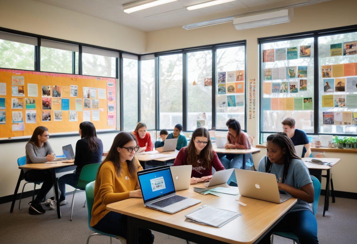A vibrant classroom scene where diverse students are engaged in blogging activities, working together on laptops surrounded by colorful posters of ideas and technology. In the background, a bulletin board showcases community projects and achievements, symbolizing learning and collaboration. Soft natural light filters through large windows, creating an inviting atmosphere. A visually appealing flow of ideas connecting students, highlighting the theme of community engagement. super-realistic. vibrant colors.