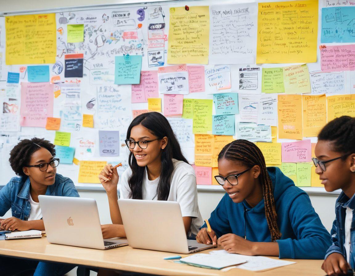 A dynamic collage featuring diverse youth engaged in storytelling activities: a girl writing on a laptop, a boy recording a podcast, and a group brainstorming around a big whiteboard filled with colorful post-it notes. In the background, illustrations of digital platforms like blogs and vlogs merge with traditional classrooms. The scene emits a sense of excitement and creativity, symbolizing the transition from classroom learning to digital expression. vibrant colors. modern art.