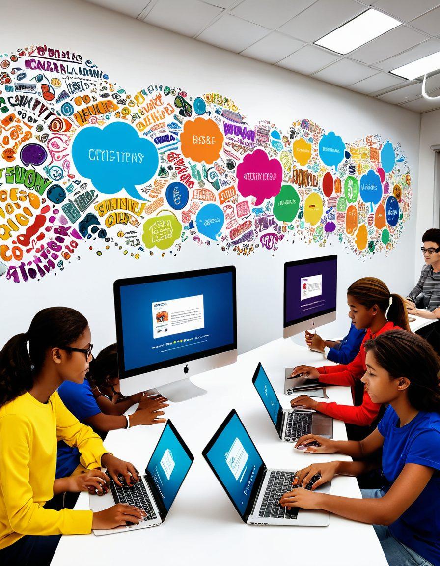 A vibrant classroom filled with diverse youth enthusiastically typing on laptops, with colorful blog posts floating around them like thought bubbles, symbolizing creativity and expression. Include elements of digital art tools and inspirational quotes on the walls, creating a lively atmosphere. Capture a sense of collaboration and innovation among the students. super-realistic. vibrant colors. white background.